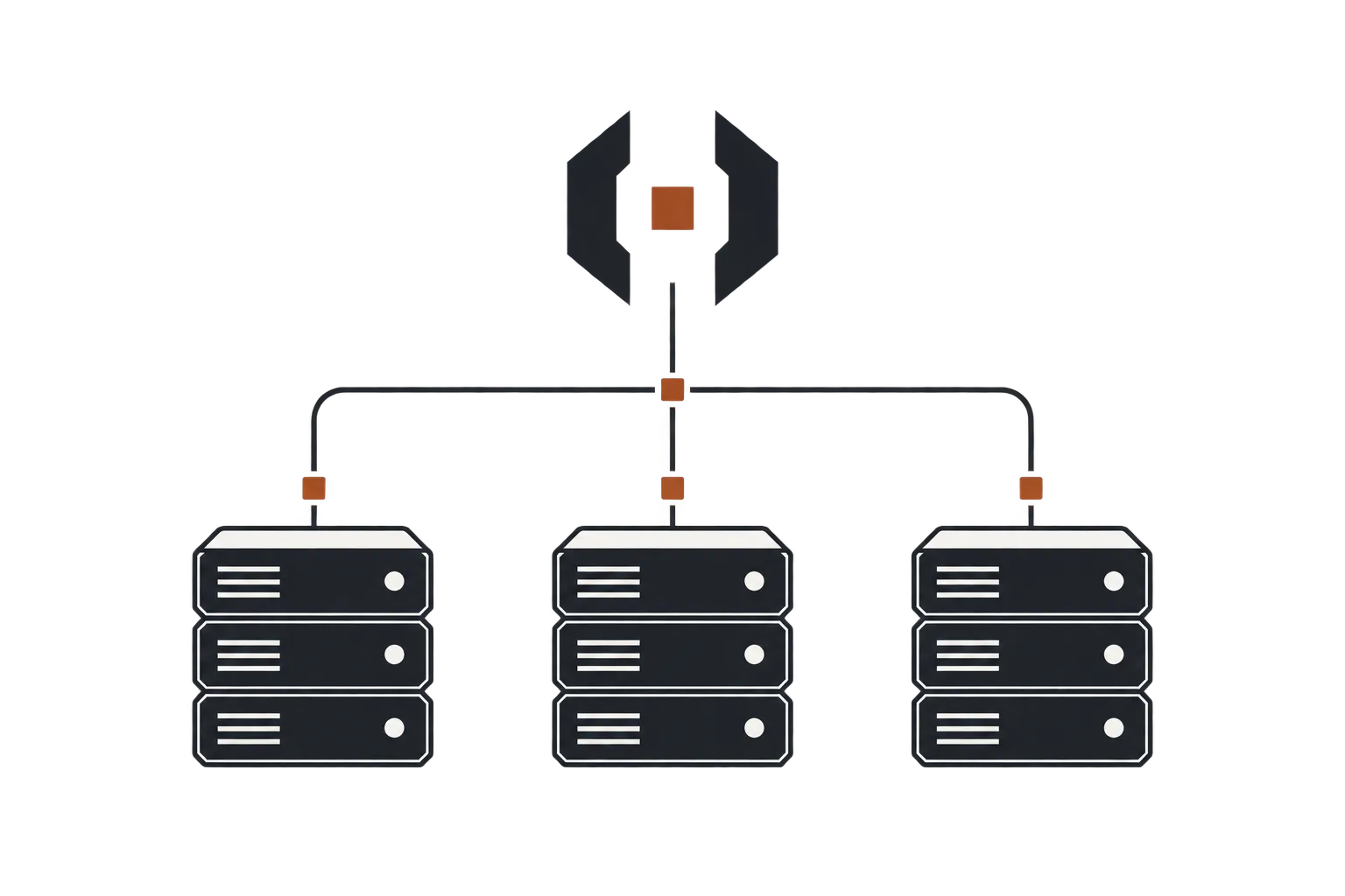 Three server racks connected through a shared control point.